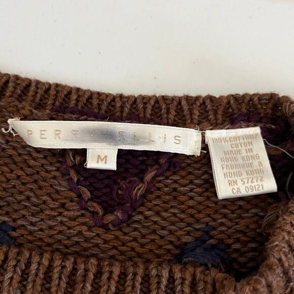 Perry Ellis Vintage Grandpa Sweater 100% Cotton Geometric Brown Medium Heavy 80s - Picture 7 of 7